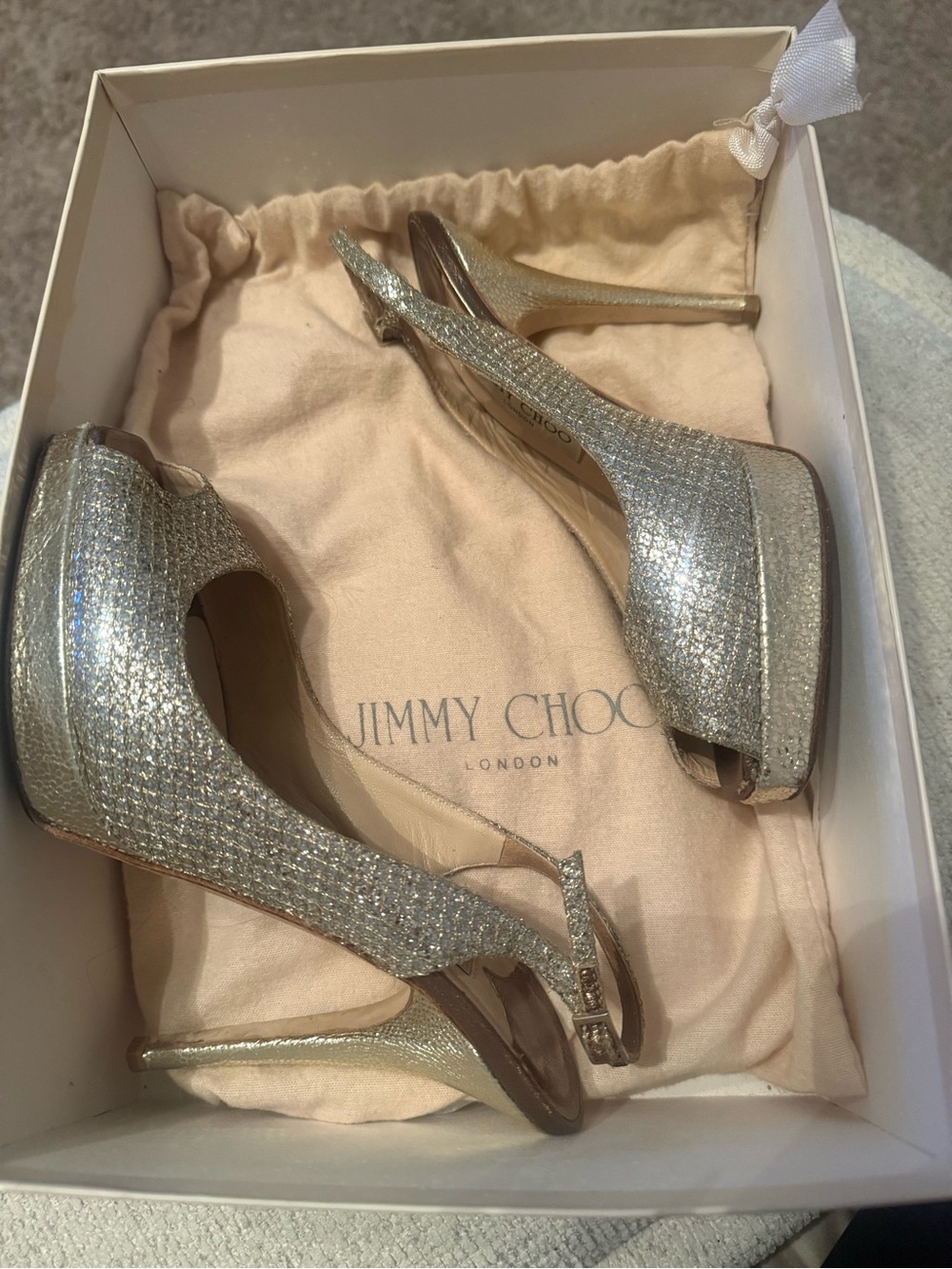 Jimmy Choo Gold Glitter Peep-Toe Slingback Heels